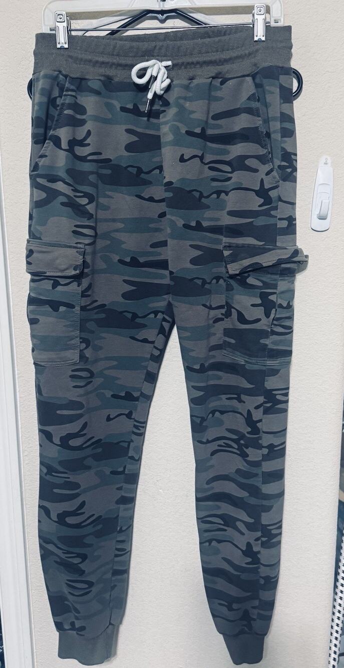 Men's OUBER Slim Fit Camo Joggers Sweatpants Cargo Green Sz L Drawstring FLAW
